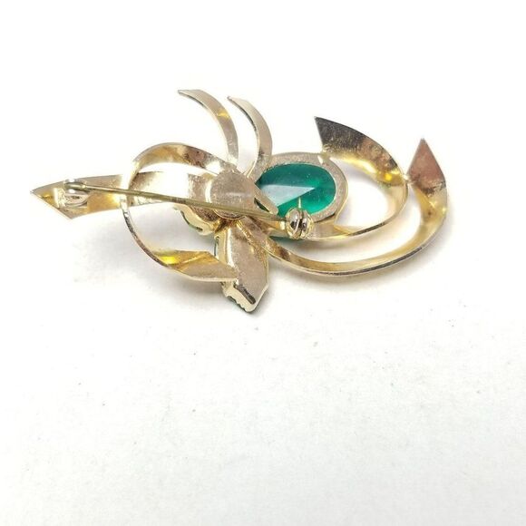 Vintage Green Rhinestone and Gold Tone Retro Brooch, 50s 60s Style, Estate - Picture 3 of 5